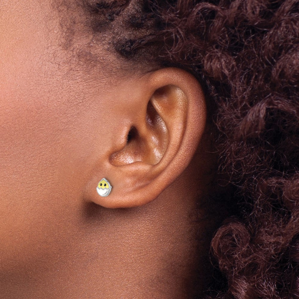 QE17732 Sterling Silver Rhodium-plated Enamel Chick in Egg Children's Post Earrings