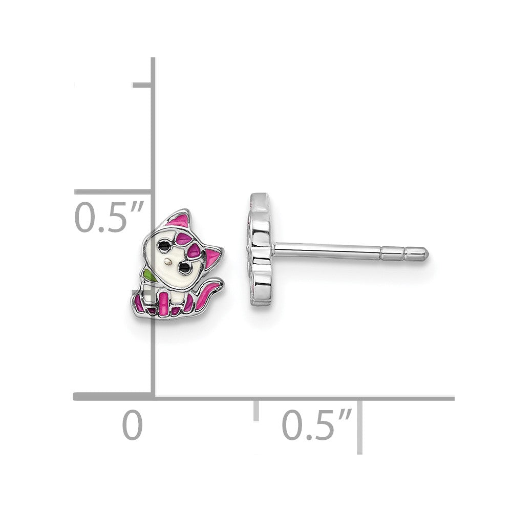 QE17733 Sterling Silver Rhodium-plated Multicolor Enameled Kitty Children's Post Earring