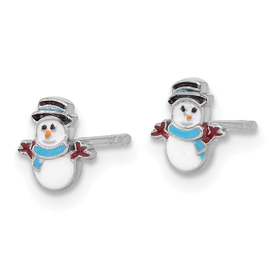 QE17735 Sterling Silver Rhodium-plated Enamel Snowman Children's Post Earrings