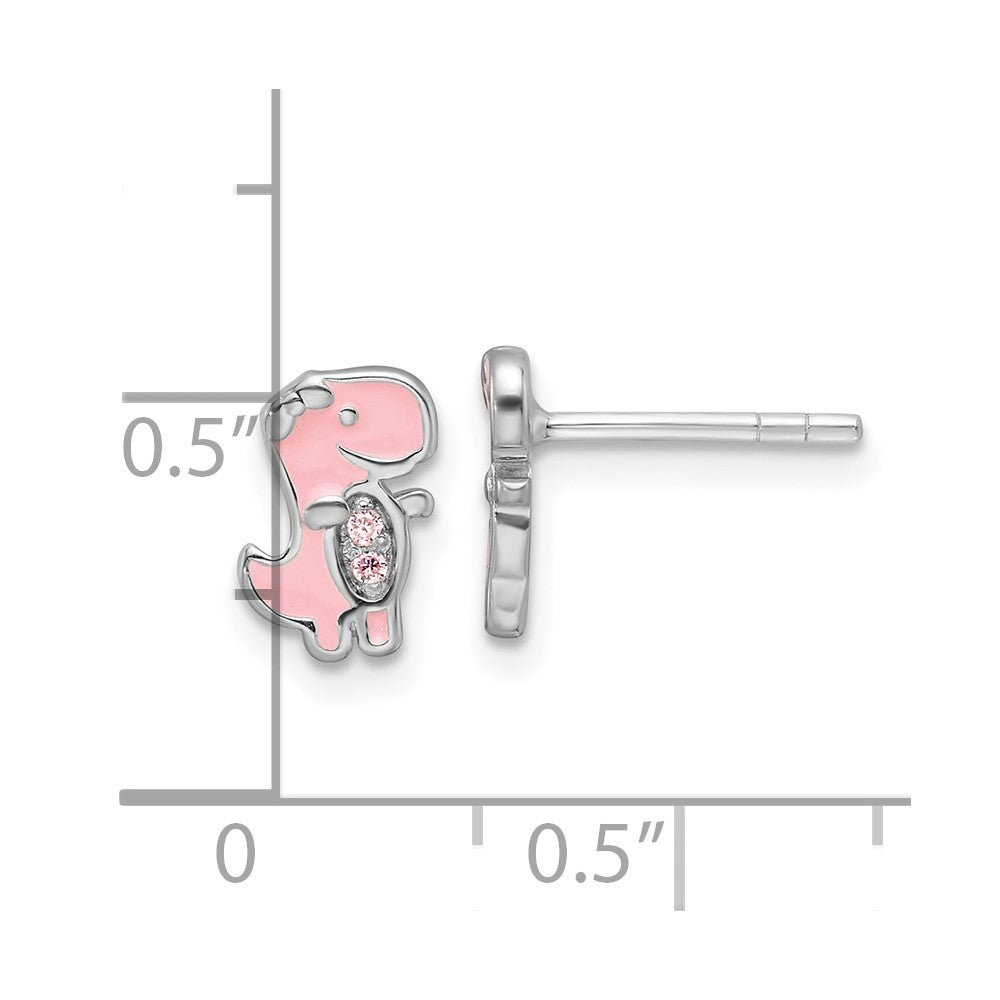 QE17736 Sterling Silver RH-pltd Pink CZ & Enamel Dinosaur Children's Post Earrings