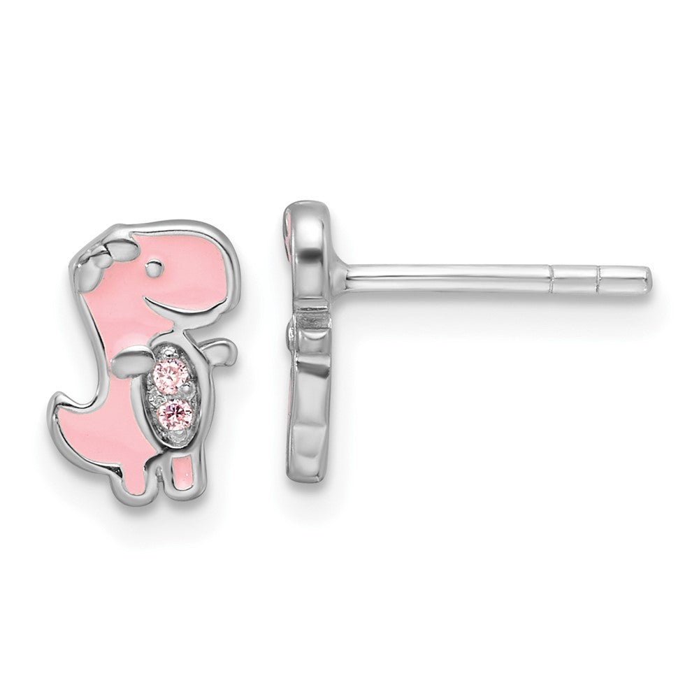 QE17736 Sterling Silver RH-pltd Pink CZ & Enamel Dinosaur Children's Post Earrings