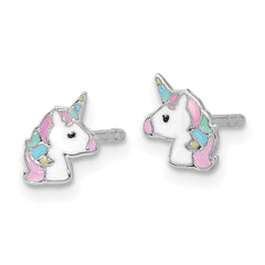 QE17737 Sterling Silver Rhodium-plated Enameled Unicorn Children's Post Earrings