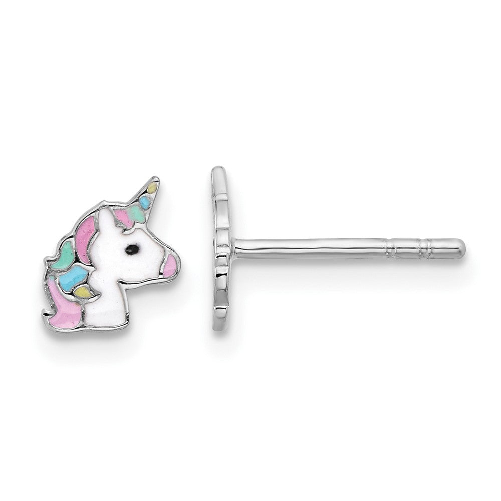 QE17737 Sterling Silver Rhodium-plated Enameled Unicorn Children's Post Earrings