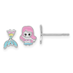 QE17739 Sterling Silver RH-pltd Multicolor Enamel Mermaid Children's Post Earrings