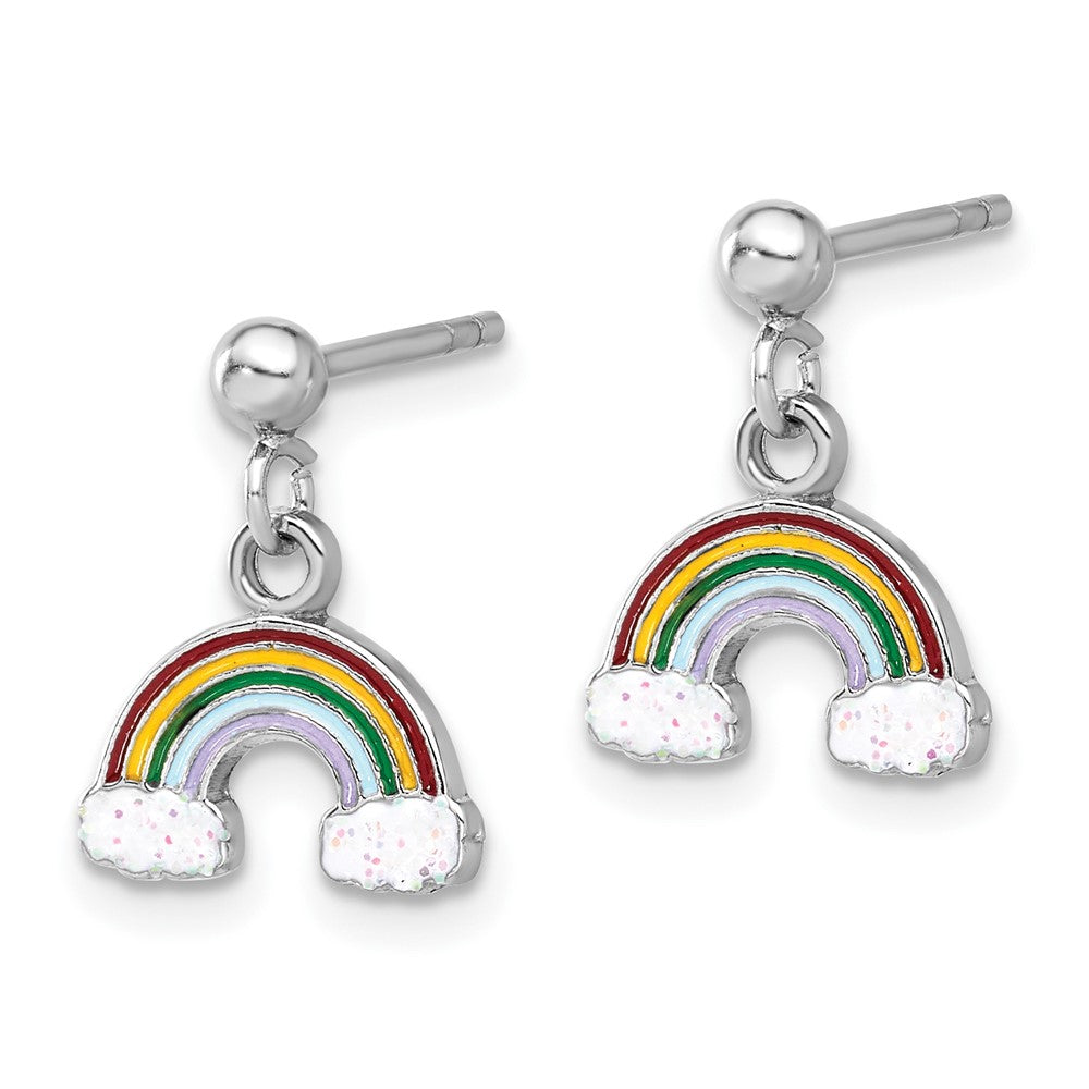 QE17743 Sterling Silver Rhodium-plated Polished & Enameled w/ Glitter Rainbow Children's Post Dangle Earrings