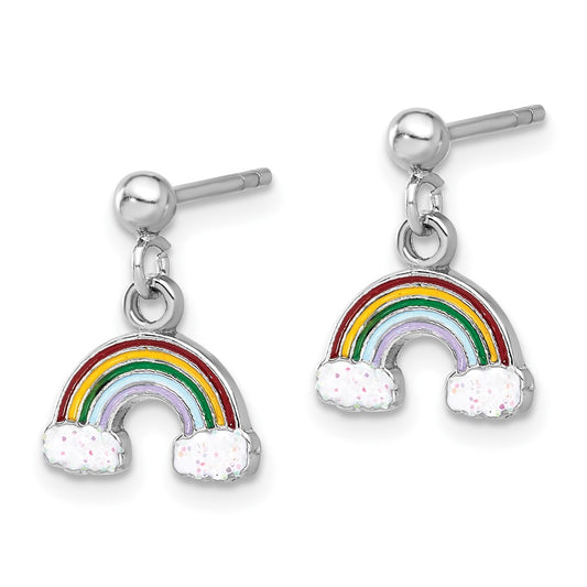 QE17743 Sterling Silver Rhodium-plated Polished & Enameled w/ Glitter Rainbow Children's Post Dangle Earrings
