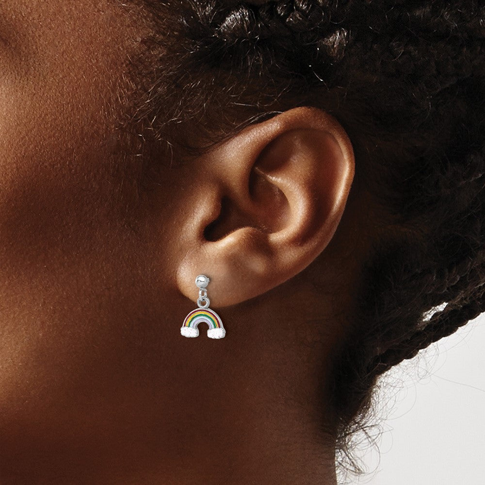 QE17743 Sterling Silver Rhodium-plated Polished & Enameled w/ Glitter Rainbow Children's Post Dangle Earrings