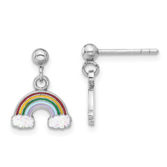 QE17743 Sterling Silver Rhodium-plated Polished & Enameled w/ Glitter Rainbow Children's Post Dangle Earrings