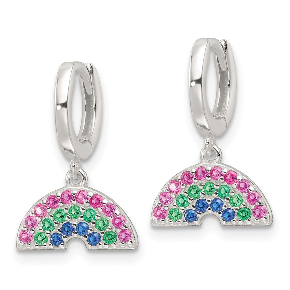 QE17744 Sterling Silver E-Coating Polished Multicolor CZ Dangle Rainbow Children's Round Hoop Earrings