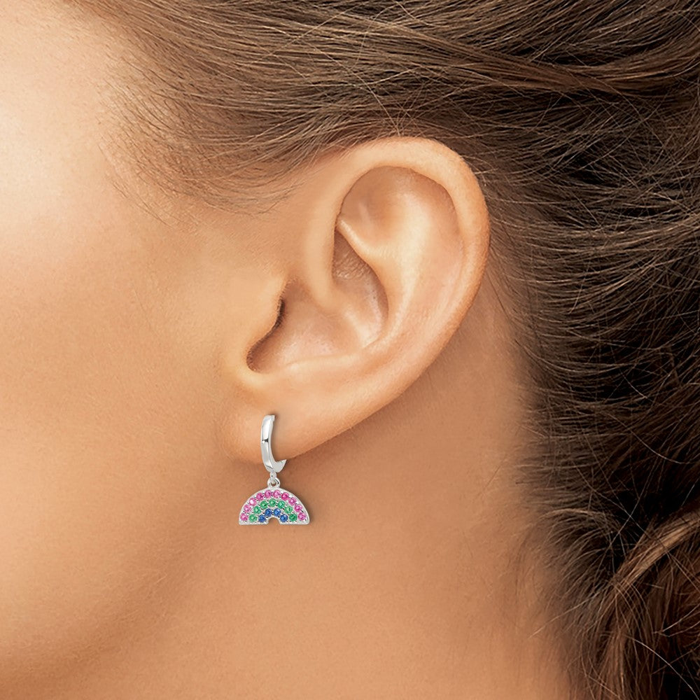 QE17744 Sterling Silver E-Coating Polished Multicolor CZ Dangle Rainbow Children's Round Hoop Earrings