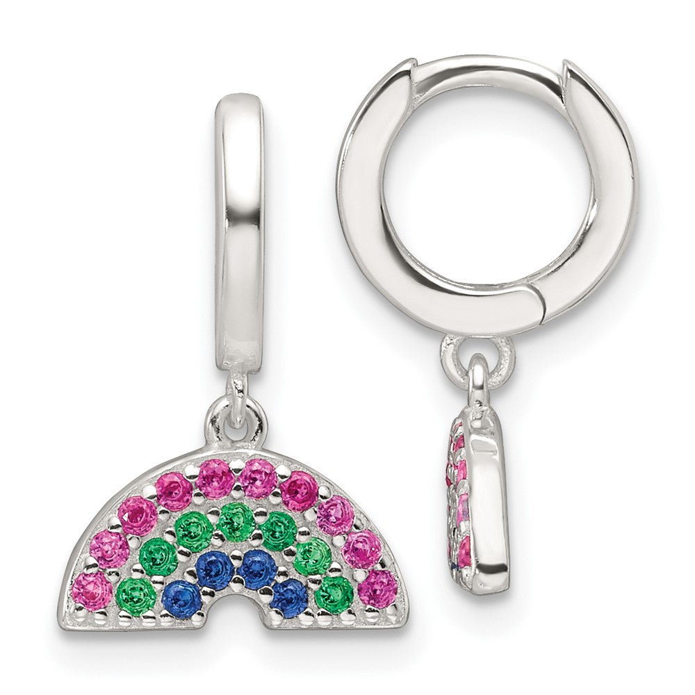 QE17744 Sterling Silver E-Coating Polished Multicolor CZ Dangle Rainbow Children's Round Hoop Earrings