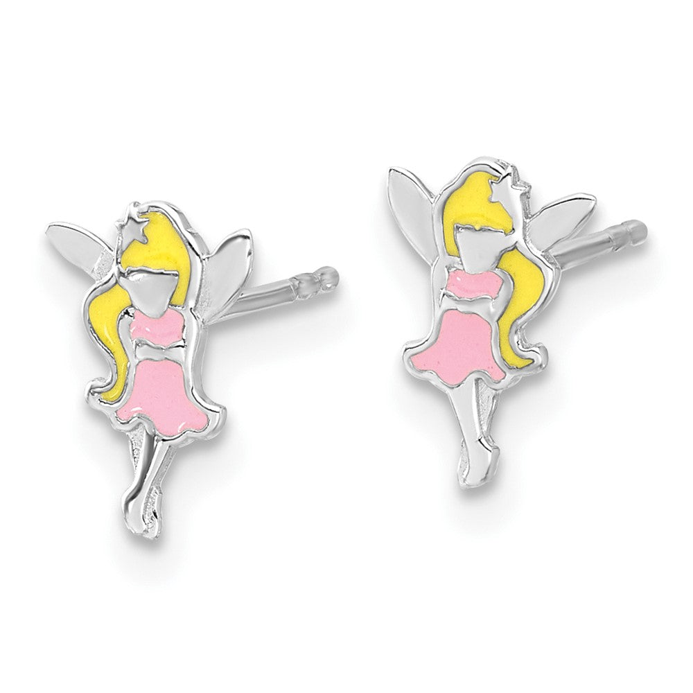 QE17745 Sterling Silver RH-plated Multi-color Enamel Fairy Children's Post Earrings