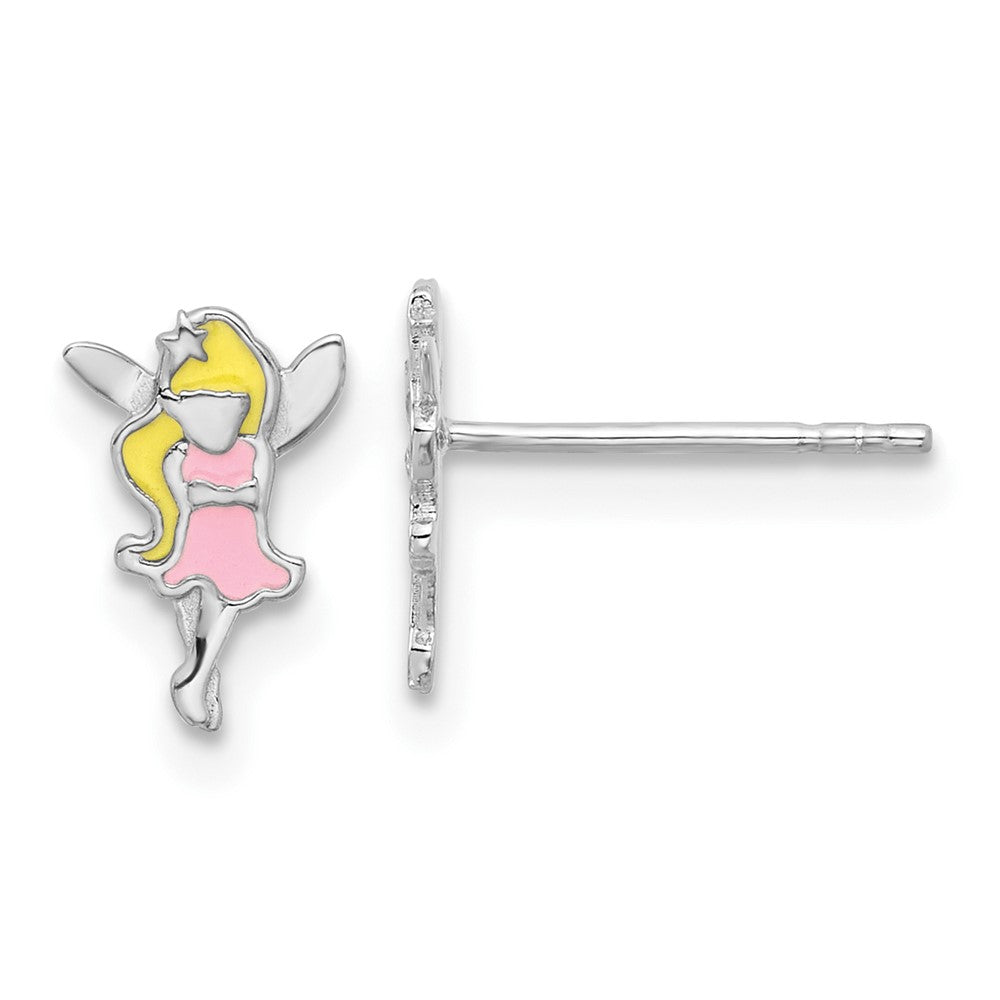 QE17745 Sterling Silver RH-plated Multi-color Enamel Fairy Children's Post Earrings