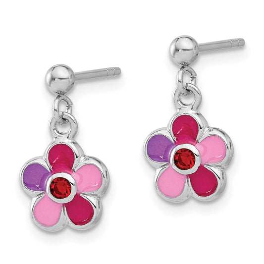 QE17746 Sterling Silver Rhodium-plated Polished & Multi-color Enameled Red Crystal Flower Children's Post Dangle Earrings