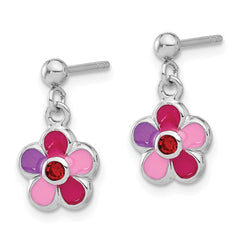 QE17746 Sterling Silver Rhodium-plated Polished & Multi-color Enameled Red Crystal Flower Children's Post Dangle Earrings