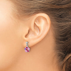 QE17746 Sterling Silver Rhodium-plated Polished & Multi-color Enameled Red Crystal Flower Children's Post Dangle Earrings