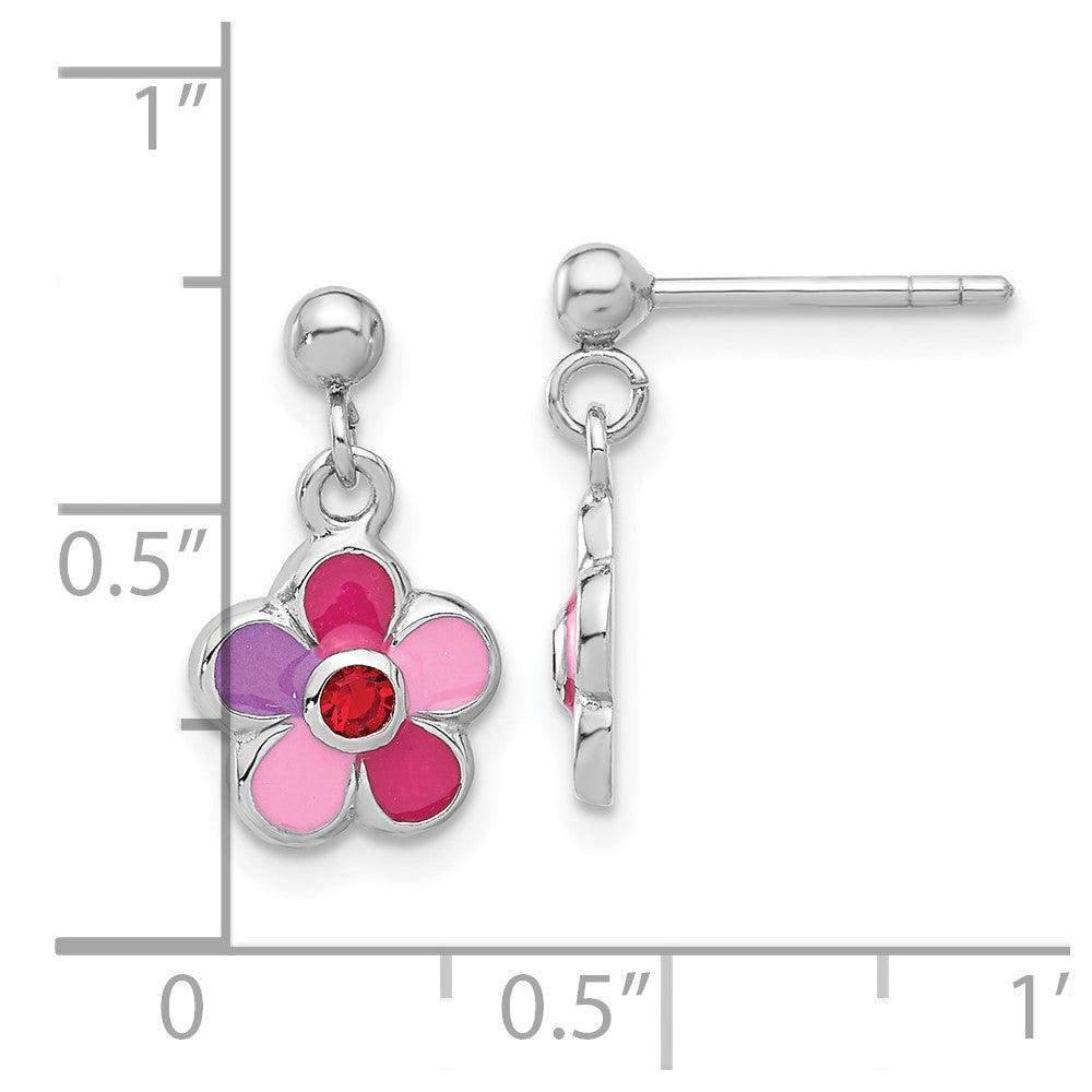 QE17746 Sterling Silver Rhodium-plated Polished & Multi-color Enameled Red Crystal Flower Children's Post Dangle Earrings