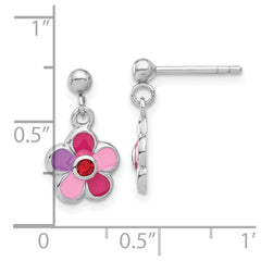 QE17746 Sterling Silver Rhodium-plated Polished & Multi-color Enameled Red Crystal Flower Children's Post Dangle Earrings