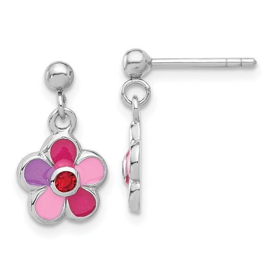 QE17746 Sterling Silver Rhodium-plated Polished & Multi-color Enameled Red Crystal Flower Children's Post Dangle Earrings