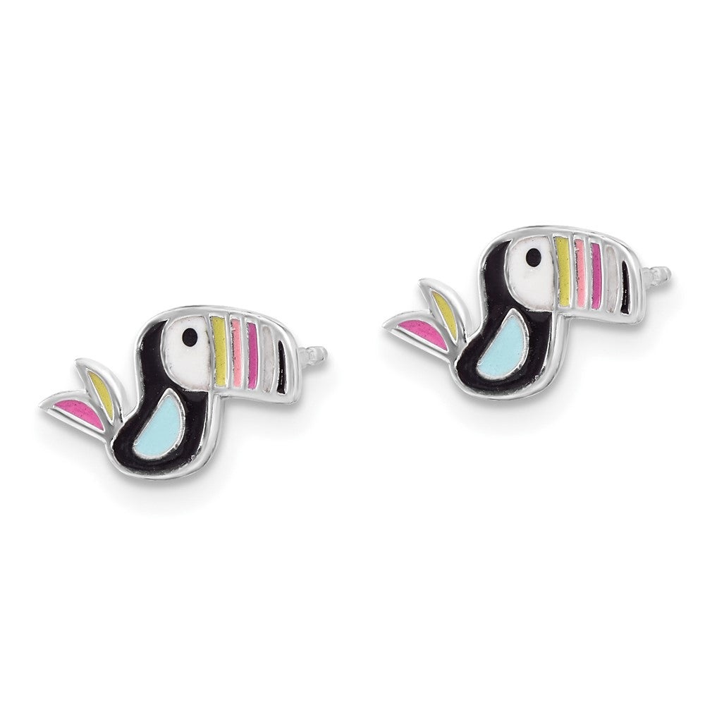 QE17748 Sterling Silver Rhodium-plated Polished Multi-color Enameled Toucan Bird Children's Post Earrings