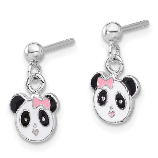 QE17749 Sterling Silver Rhodium-plated Polished & Multi-color Enameled Panda Children's Post Dangle Earrings