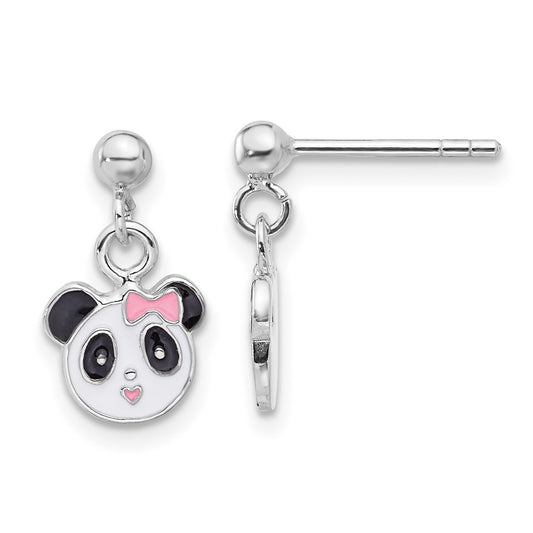 QE17749 Sterling Silver Rhodium-plated Polished & Multi-color Enameled Panda Children's Post Dangle Earrings