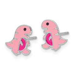 QE17750 Sterling Silver Rhodium-plated Polished Pink Enamel Dinosaur Children's Post Earrings