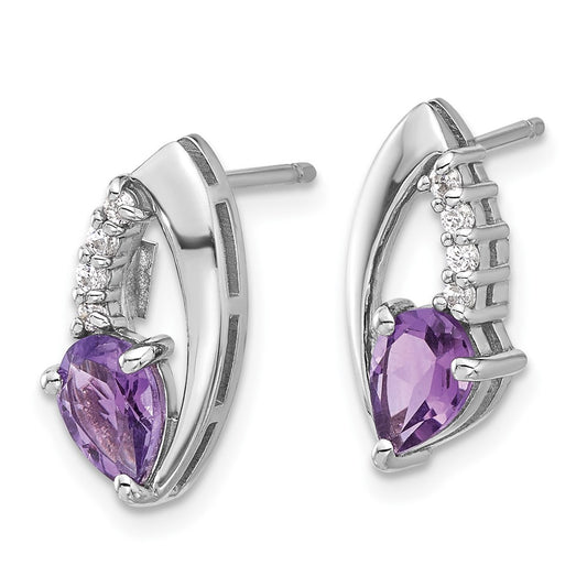 QE17755AM Sterling Silver Rhodium-plated Amethyst and CZ Post Earrings