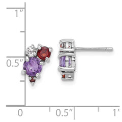 QE17773AM Sterling Silver Rhodium-pl Amethyst Garnet and White Topaz Post Earrings