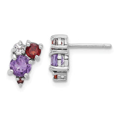 QE17773AM Sterling Silver Rhodium-pl Amethyst Garnet and White Topaz Post Earrings