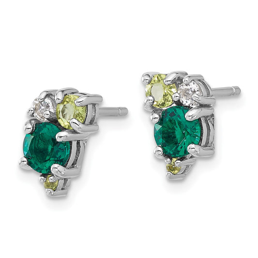 QE17773CEM Sterling Silver Rhodium Cr.Emerald Peridot and White Topaz Post Earrings