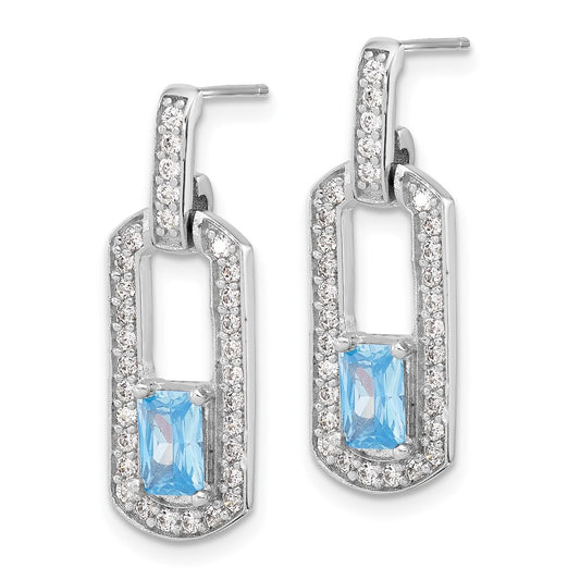 QE17775BT Sterling Silver Rh-plated Polished Blue Topaz and CZ Post Dangle Earrings