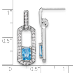 QE17775BT Sterling Silver Rh-plated Polished Blue Topaz and CZ Post Dangle Earrings