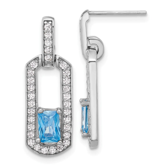 QE17775BT Sterling Silver Rh-plated Polished Blue Topaz and CZ Post Dangle Earrings