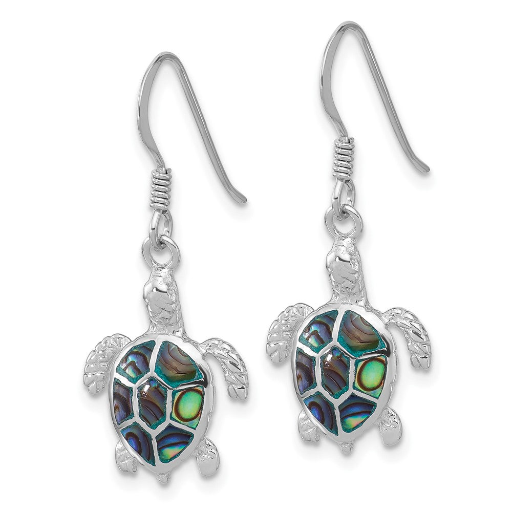 QE17787 Sterling Silver Rh-plated Polished Paua Shell Turtle Dangle Earrings