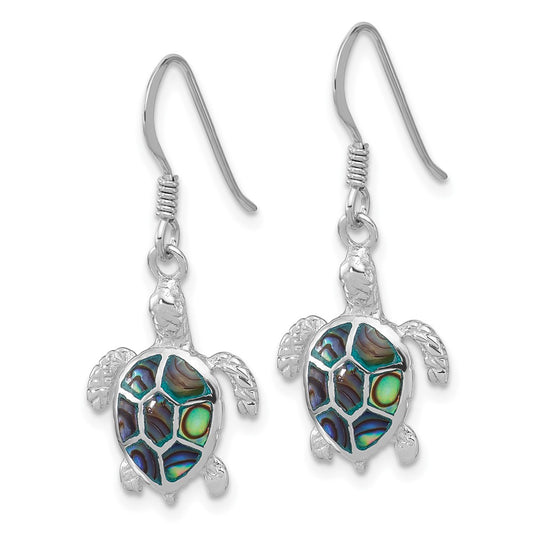 QE17787 Sterling Silver Rh-plated Polished Paua Shell Turtle Dangle Earrings