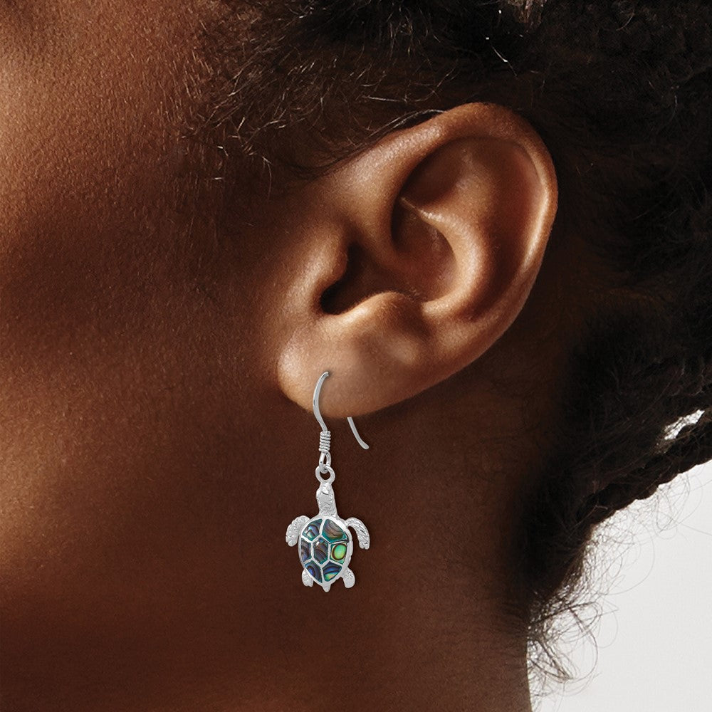 QE17787 Sterling Silver Rh-plated Polished Paua Shell Turtle Dangle Earrings