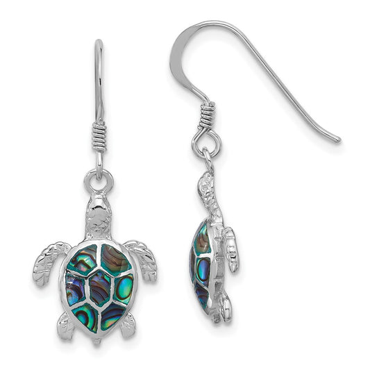 QE17787 Sterling Silver Rh-plated Polished Paua Shell Turtle Dangle Earrings
