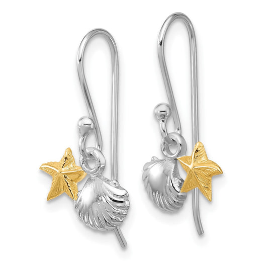 QE17788 Sterling Silver RH-plated Flash Gold-plated Starfish & Shell Dangle Earring