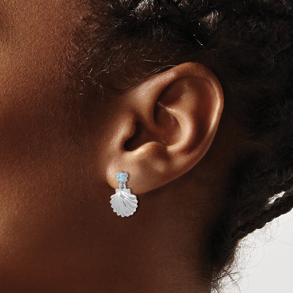 QE17792 Sterling Silver Rh-plated Polished Blue CZ Dangle Shell Stud Earrings