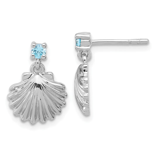 QE17792 Sterling Silver Rh-plated Polished Blue CZ Dangle Shell Stud Earrings
