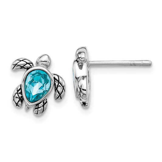 QE17796DEC Sterling Silver Rhodium-plated Polished and Antiqued Blue Crystal December Birthstone Turtle Earrings