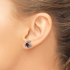QE17796JAN Sterling Silver Rhodium-plated Polished and Antiqued Red Crystal January Birthstone Turtle Earrings
