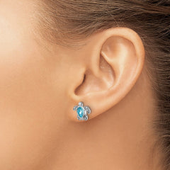 QE17796MAR Sterling Silver Rhodium-plated Polished and Antiqued Blue Crystal March Turtle Post Earrings