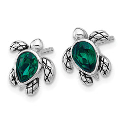 QE17796MAY Sterling Silver Rhodium-plated Polished and Antiqued Green Crystal May Birthstone Turtle Earrings