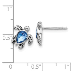 QE17796SEP Sterling Silver Rhodium-plated Polished Antiqued Blue Crystal September Birthstone Turtle Earrings