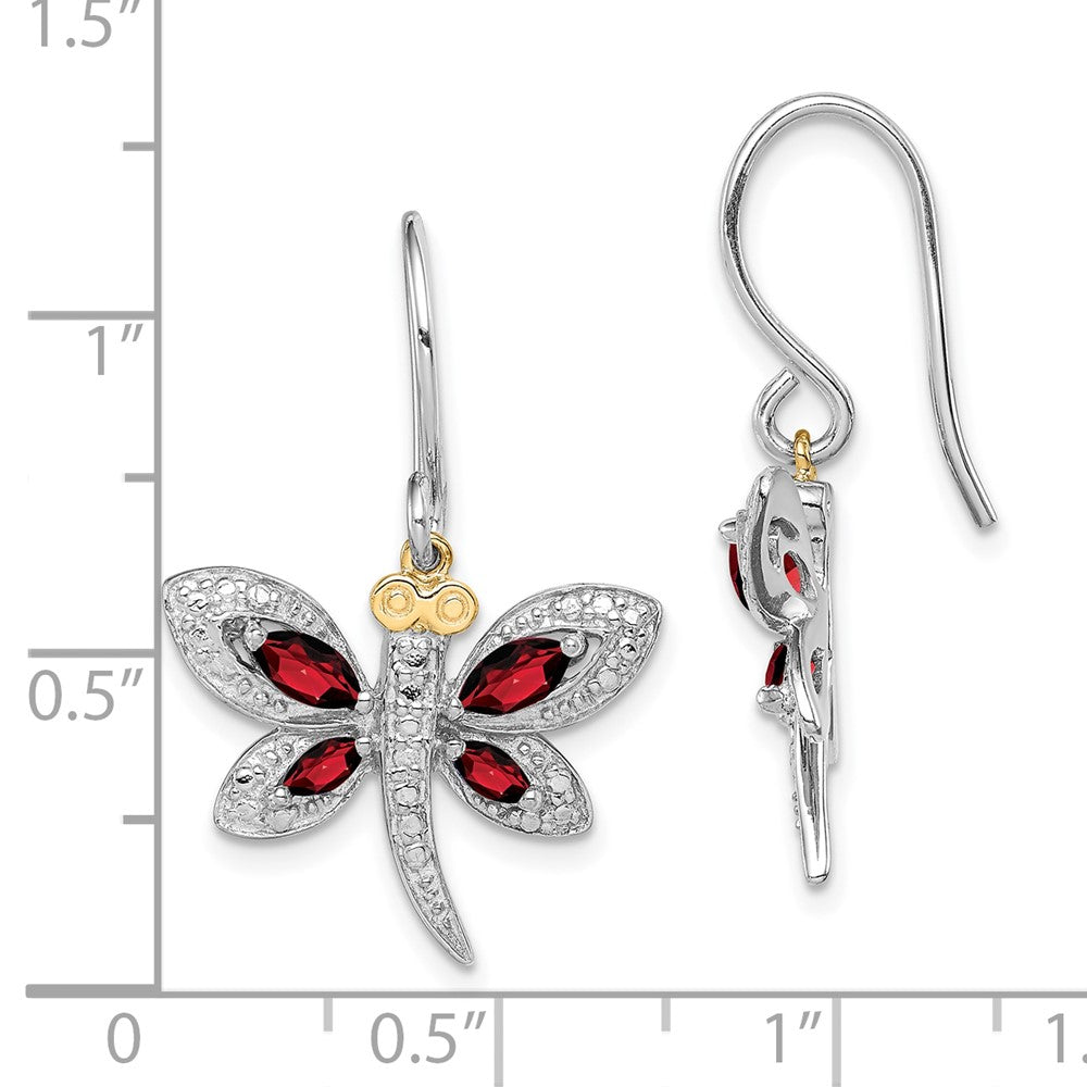 QE17797 Sterling Silver/14k RH-plated Garnet/Diamond Dragonfly Earrings