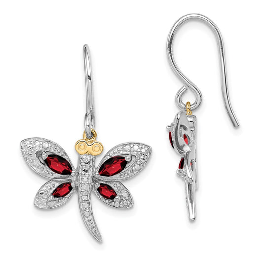 QE17797 Sterling Silver/14k RH-plated Garnet/Diamond Dragonfly Earrings