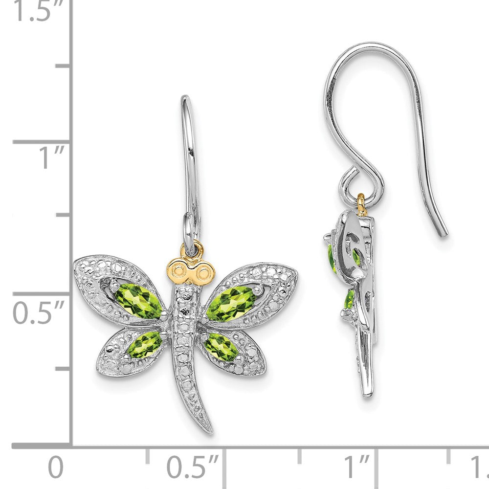 QE17798 Sterling Silver/14k RH-plated Peridot/Diamond Dragonfly Earrings