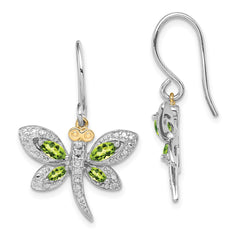 QE17798 Sterling Silver/14k RH-plated Peridot/Diamond Dragonfly Earrings